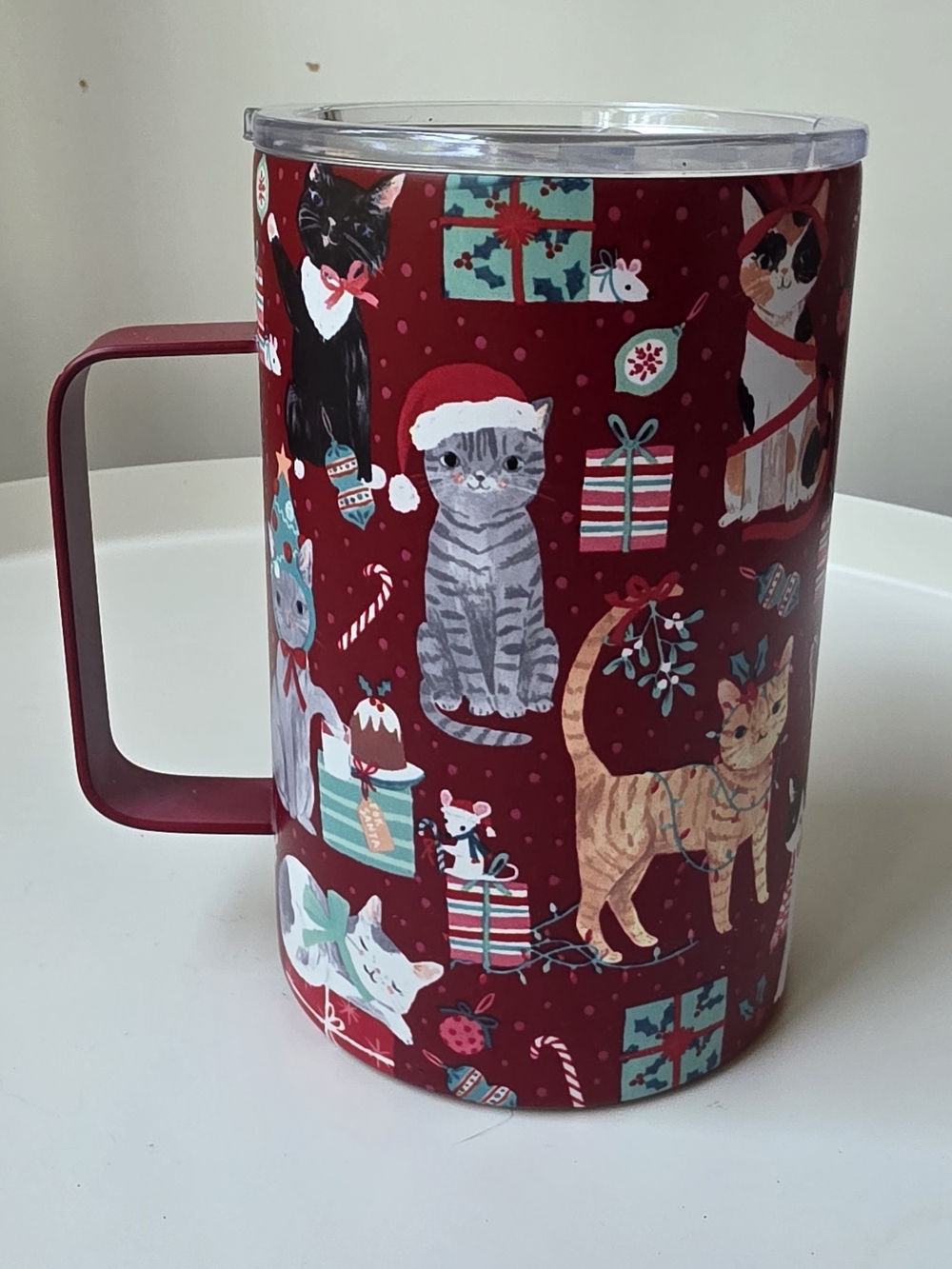 Holiday Cat Print Travel Mug - Red